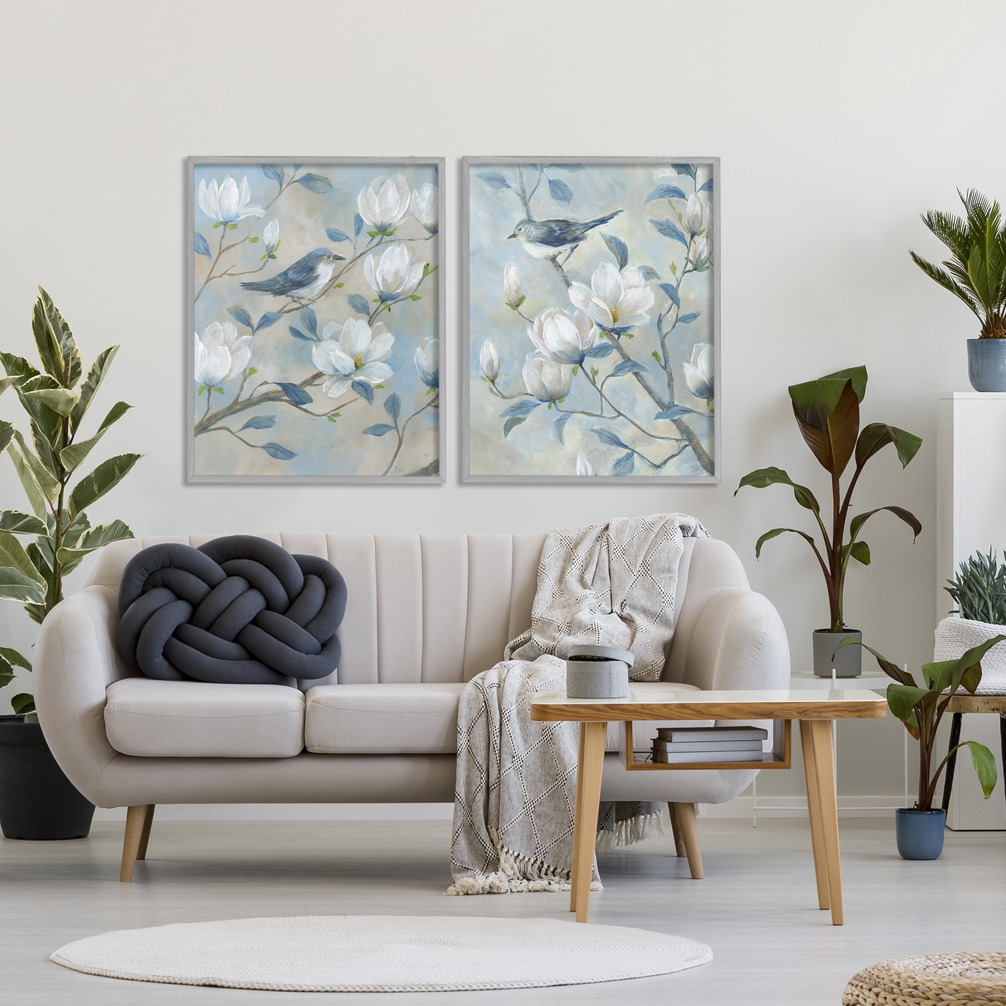 Stupell Industries Blue Birds in Magnolia Tree 2 Piece Gray Framed Giclee Art Set, design by Nan