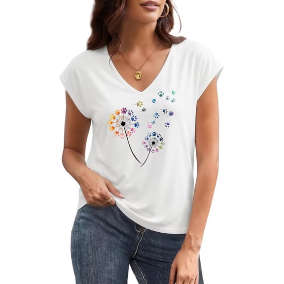 UNISHE Women's Colorful Paw Print Dandelion Wishes Graphic V Neck Short Sleeve T-Shirt Casual Everyday Top