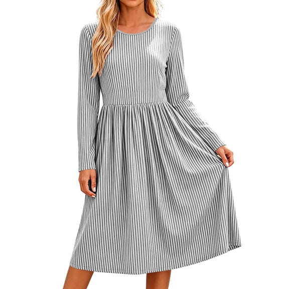 Livrdious Fall Dresses for Women Long Sleeve A Line Striped Dress Womens Casual Midi Flowy Dresses