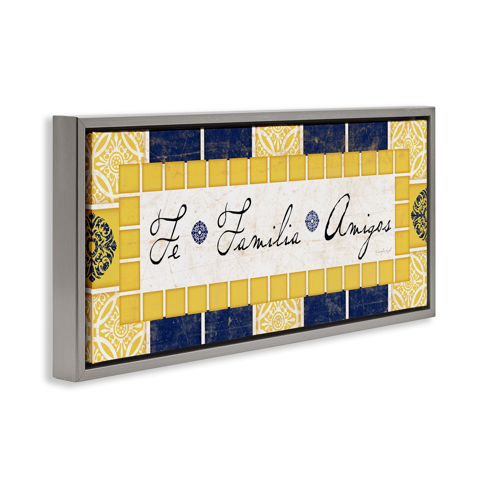 Stupell Industries Fe, Familia y Amigos Inspirational Quotes & Sayings Painting Gray Floater Framed Art Print Wall Art, 25 x 11