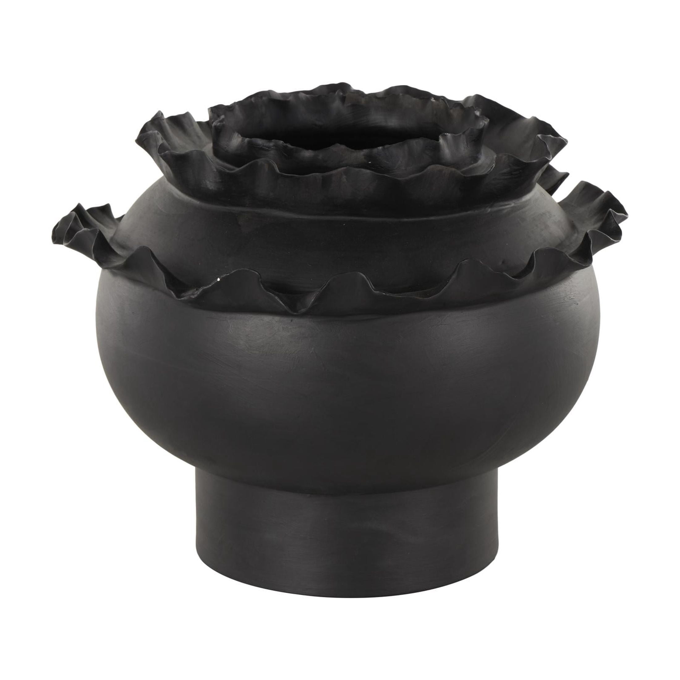DecMode 9" Abstract Wide Rounded Floral Inspired Black Ceramic Vase with Layered Petals