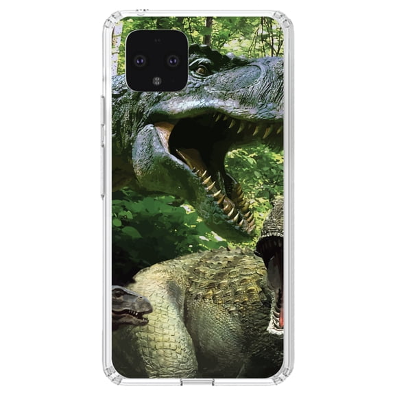 DistinctInk Clear Shockproof Hybrid Case for Google Pixel 4 (5.7" Screen) - TPU Bumper, Acrylic Back, Tempered Glass Screen Protector - T-Rex Dinosaurs Raptor