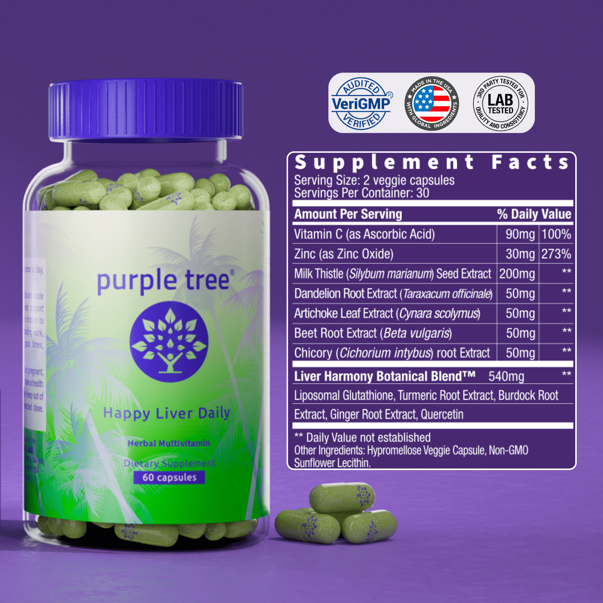 Purple Tree Happy Liver Daily | Liver Support + Milk Thistle & Glutathione | 60 Veggie Pills