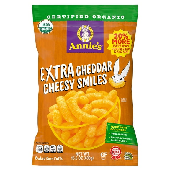 Annie's Organic Extra Cheddar Cheesy Smiles Corn Puffs, 15.5 Ounce