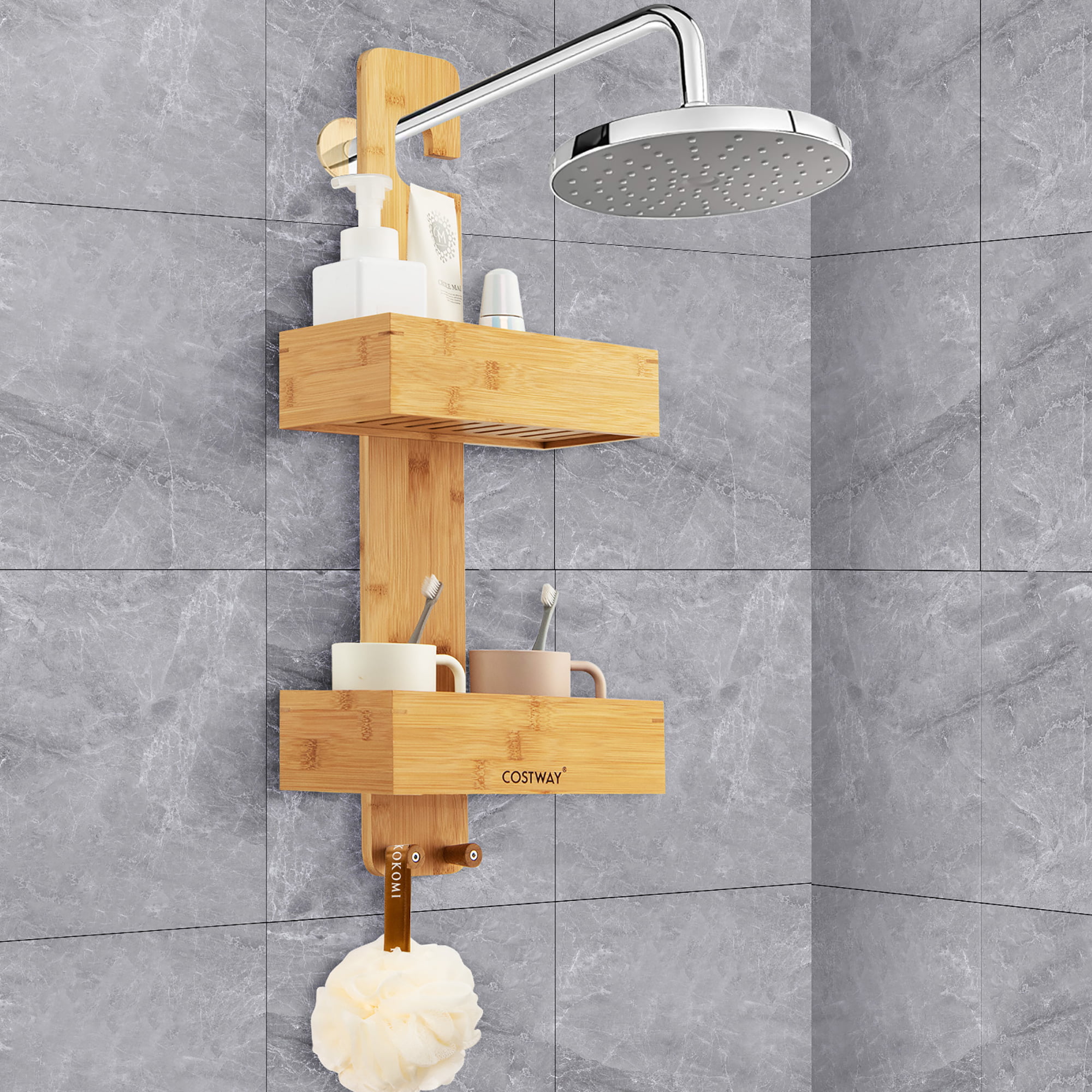 LOKO Bamboo Hanging Shower Caddy, Natural & Waterproof Bamboo Shower Rack  w/ 2 Storage Baskets & 2 Hanging Hooks, 2-Tier Bathroom Shower Organizer