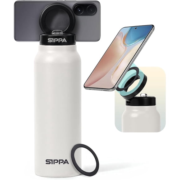 SIPPA 24 fl oz Stainless Steel Insulated Water Bottle with Straw & Handle for Adults – Leak Proof Magnetic Phone Holder, ivory