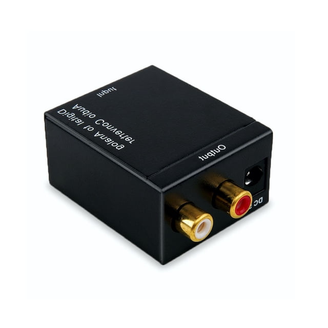 convertidor de audio digital a análogo elegate toslink a rca con33da negro, vista 3/4 frontal de carcasa metálica compacta con entrada óptica Toslink y conector DC 5V en un lado y salidas RCA doradas (rojo y blanco) en el otro; convierte señal óptica o coaxial a salida analógica RCA para equipos de audio domésticos o profesionales y suele utilizarse también para conectar fuentes digitales a amplificadores o mezcladoras.