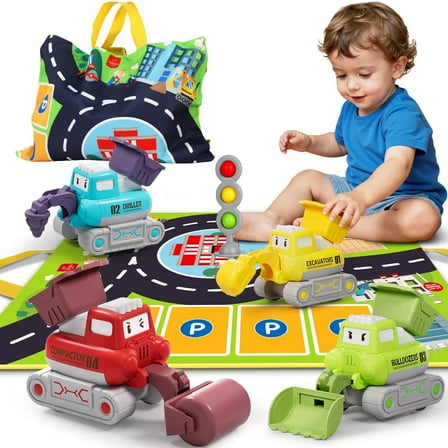 Toys for 1 Year Old, Construction Vehicle Toy Cars For Toddlers, Toy Cars with Playmat Storage Bag, Pull Back Cars Baby Toys, Press And Go Toy Cars