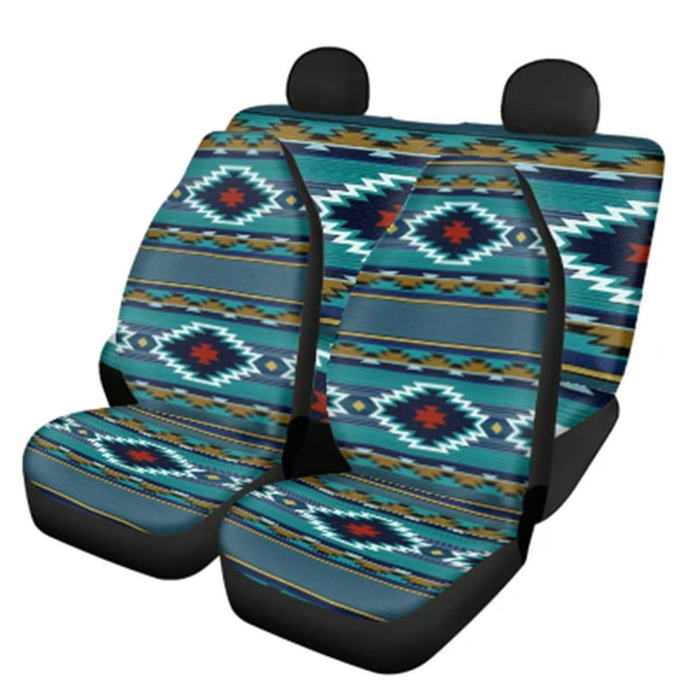 FKELYI Blue Southwest Striped Aztec Tribal Car Seat Covers Kit,Front and  Rear 4pcs Elastic Polyester Fabric Blanket Car Seat Covers Design for Women