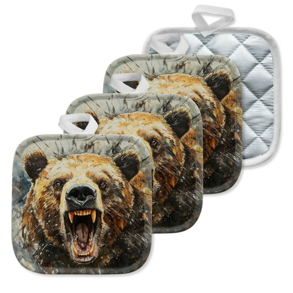 4 Pack Pot Holders,Kitchen Essential, Potholder Set,Roaring Brown Bear With A Splash Ink Background