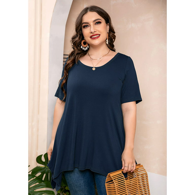 SHOWMALL Plus Size Clothing for Women Tunic Tops Short Sleeve Navy Blue 2X  Summer Blouse Swing Tee Crewneck Clothes Flowy Shirt for Leggings