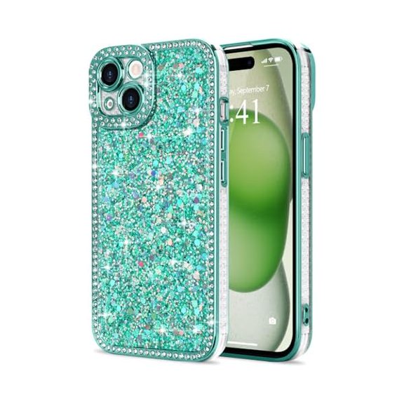 for iPhone 15 Case Glitter, Luxury Shiny Bling Sparkly Phone Cover with Crystal Diamonds Rhinestone for Women Girls Soft TPU Slim Shockproof Protective Phone Case for iPhone 15 6.1", Green