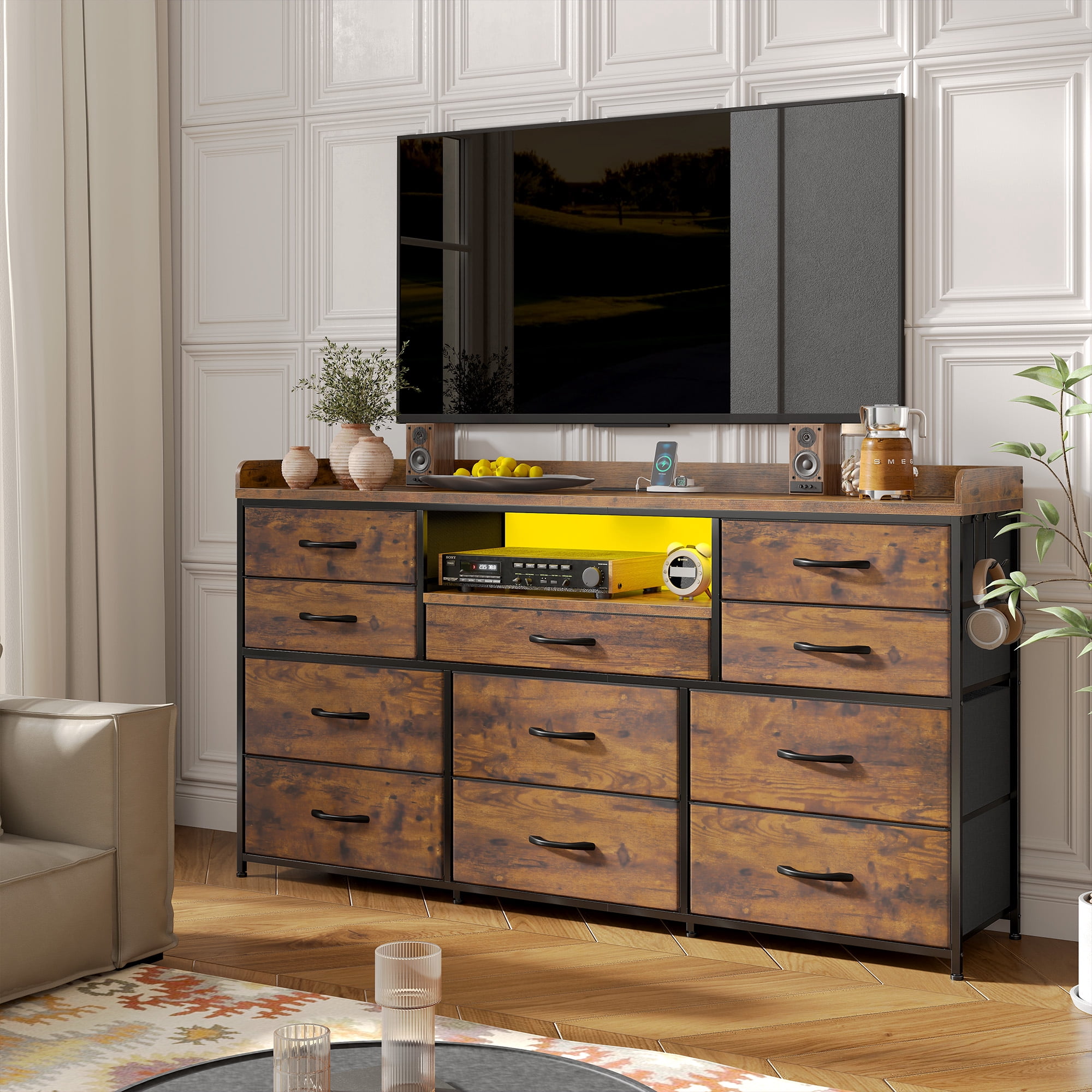 Dresser for Bedroom with 11 Drawers for 60" TV Stand with LED Lights & Charging Station Wide Dresser with Shelves & 4 Hooks Sturdy Metal Frame & Fabric & Wood Top,Rustic Brown
