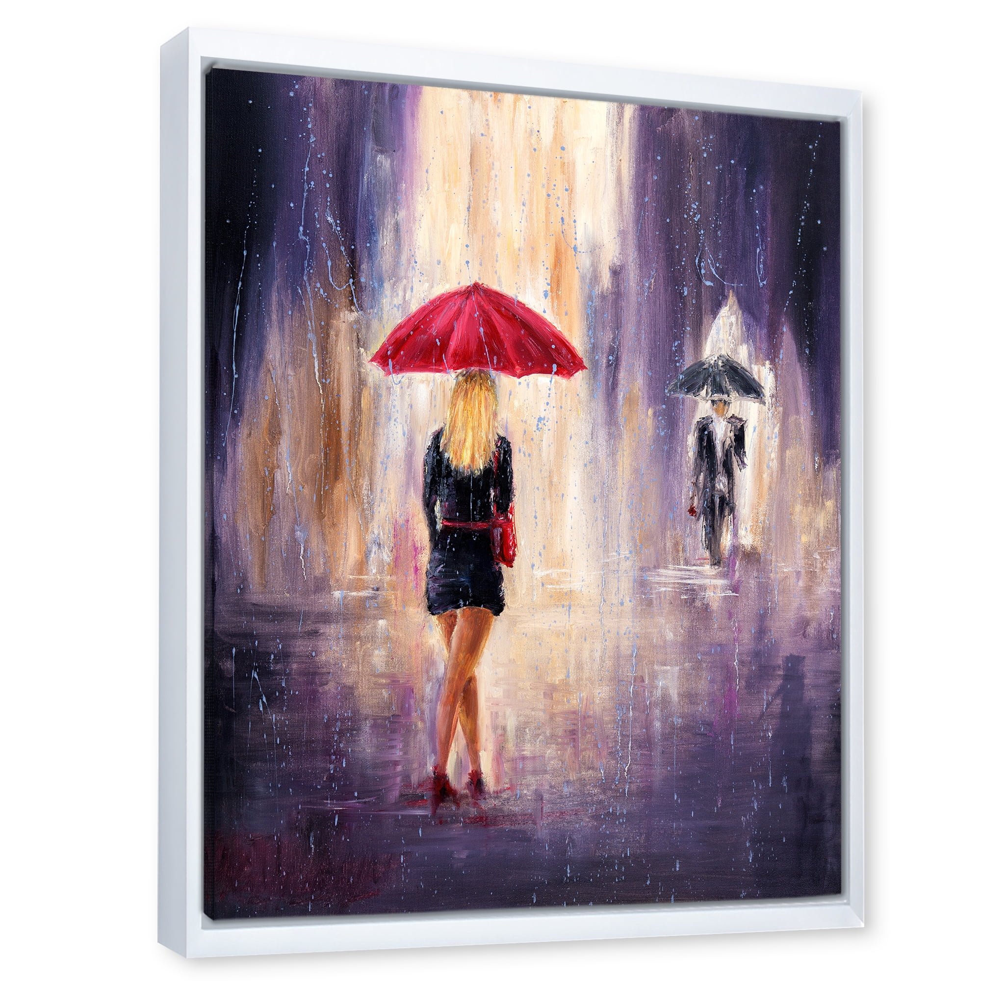 The Girl With The Umbrella Walking In The Rain II 24 in x 32 in Framed Painting Canvas Art Print, by Designart