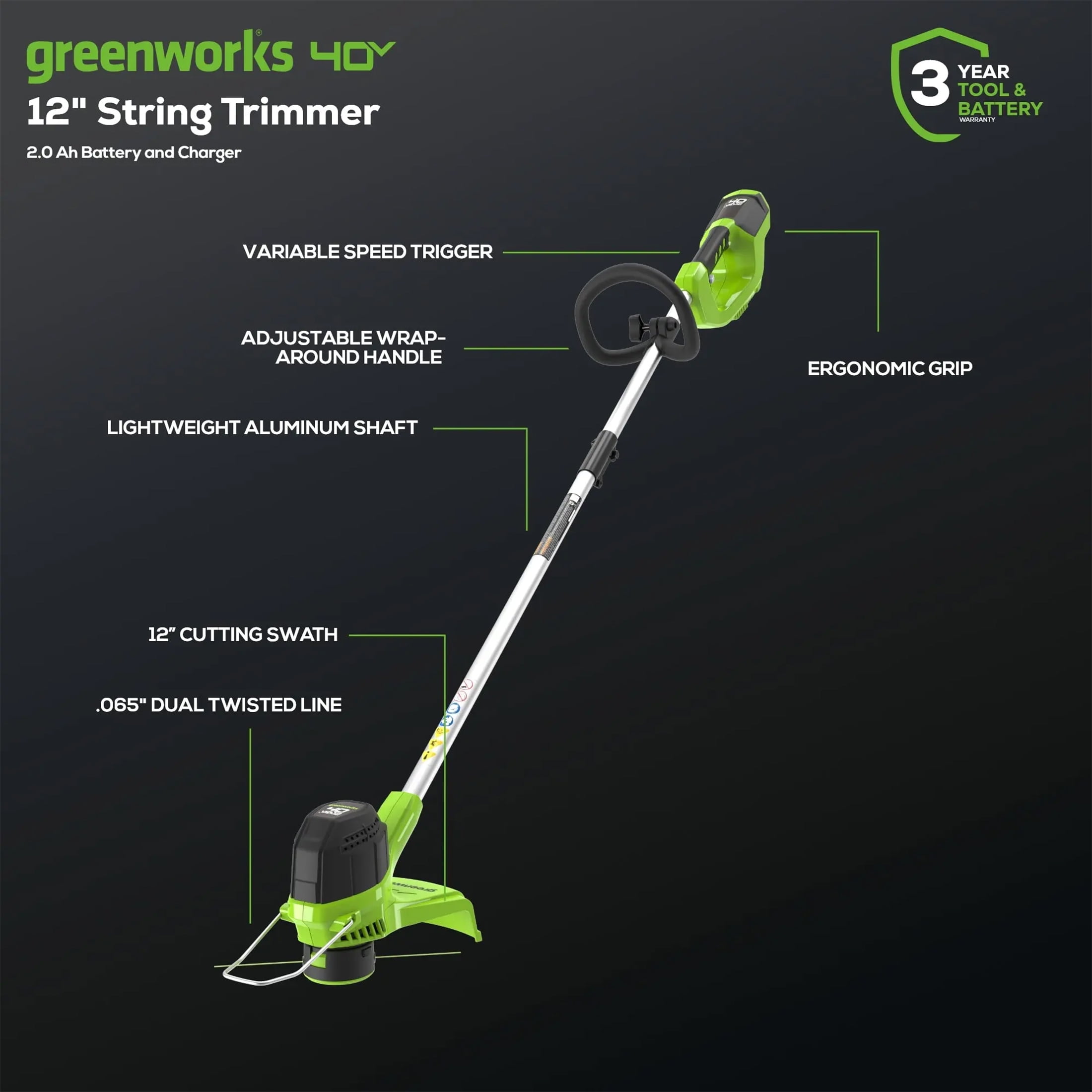Greenworks 40V String Trimmer/Leaf Blower Combo with 2.0 Ah Battery, 1301202
