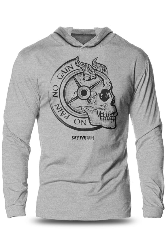 No Pain No Gain Lightweight Long Sleeve Hooded T-Shirt for Men Funny Workout Hoodie, Athletic Gym Shirt for Weightlifters & Bodybuilders