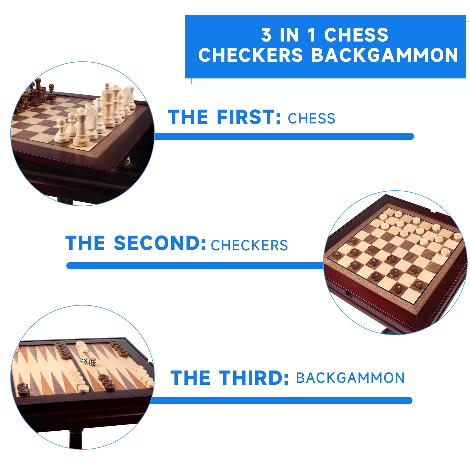 GSE Games & Sports Expert 3-in-1 Wooden Chess Checkers Backgammon Table, Tabletop Combo Board Game Set for Home Decoration and Family Board Game