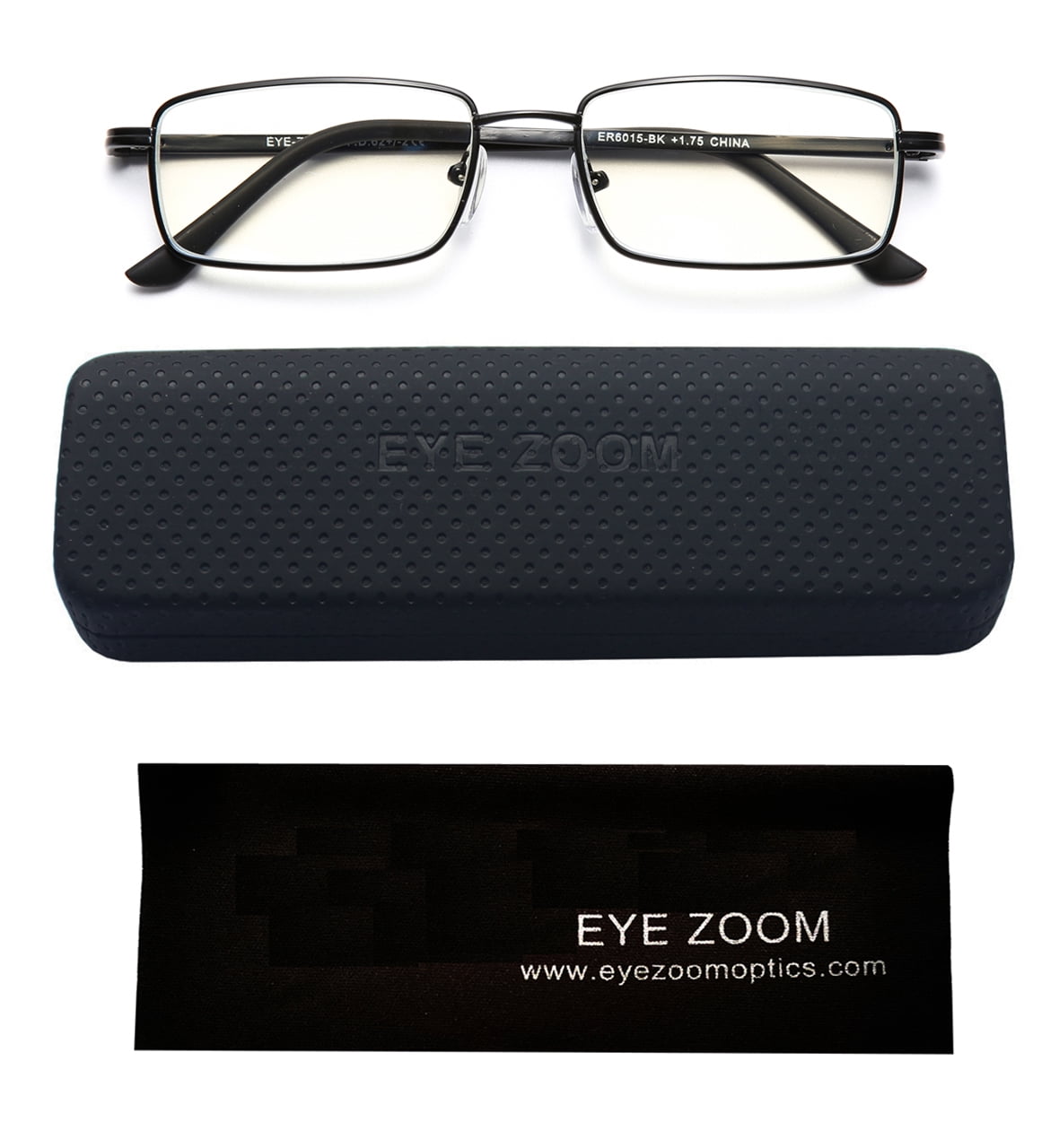 EYE ZOOM 2 Pack Rectangular Metal Frame Blue Light Blocking Reading Glasses, Black, +1.50