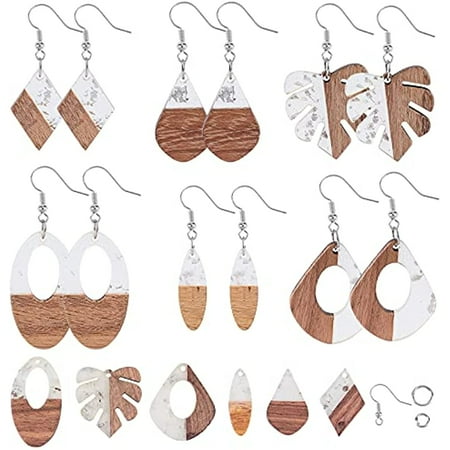 1 Box DIY 6 Pairs Resin Wood Dangle Drop Earring Making Starter Kit Lightweight Geometric Resin Wooden Pendant Vintage Statement Earrings Leaf Wood Charms Jewelry Making Supplies Craft