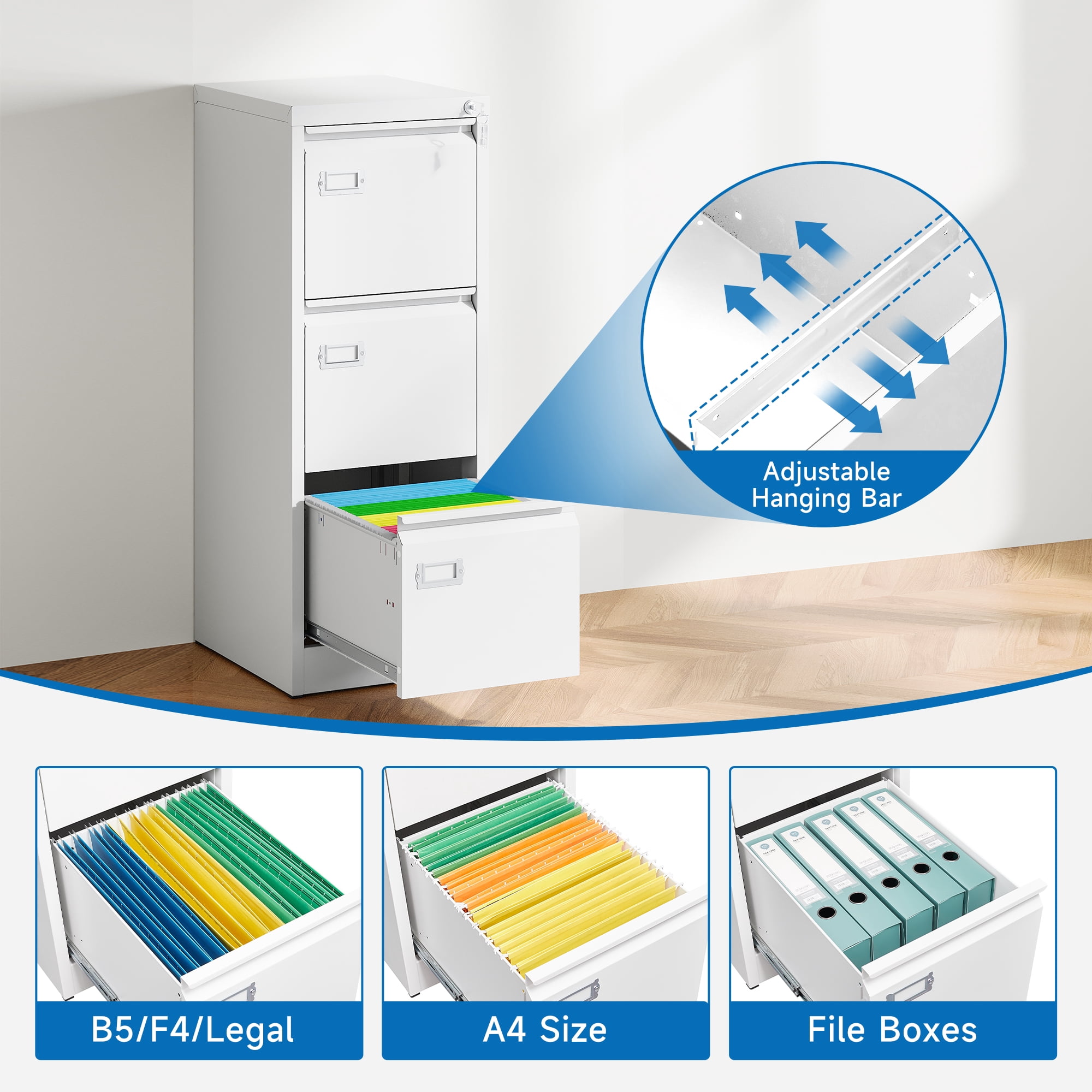 Fesbos 3 Drawer File Cabinet with Lock, File Cabinets for Home Office,18" Deep Vertical Metal White File Cabinet Office Storage Cabinet Organizer for Letter/Legal / A4