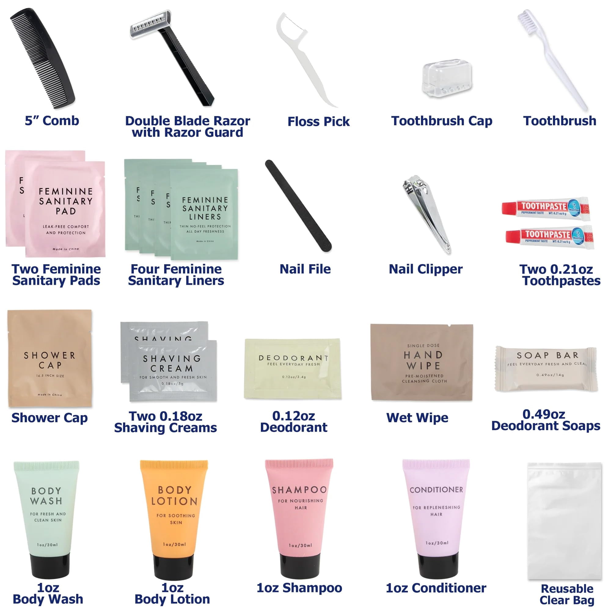 50 pack Trail maker 25 Piece Feminine Hygiene Travel Size Toiletry Kits Containing Shampoo, Conditioner & More!