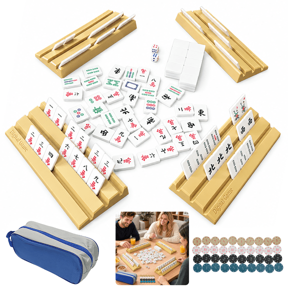 Chinese Mahjong Set, Portable Mahjong Game Set, 144 Mahjong Tiles with 4 Racks & Counting Chips, Chinese Playing Mahjong Game for Camping Family Party, Perfect Gift for Begginer