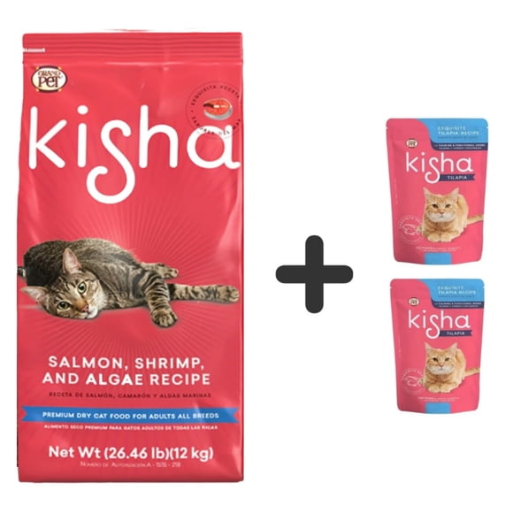 Alimento Para Gato GrandPet Kisha 12 Kg + 2 Sobres de Alimento Humedo Kisha Tilapia 85g