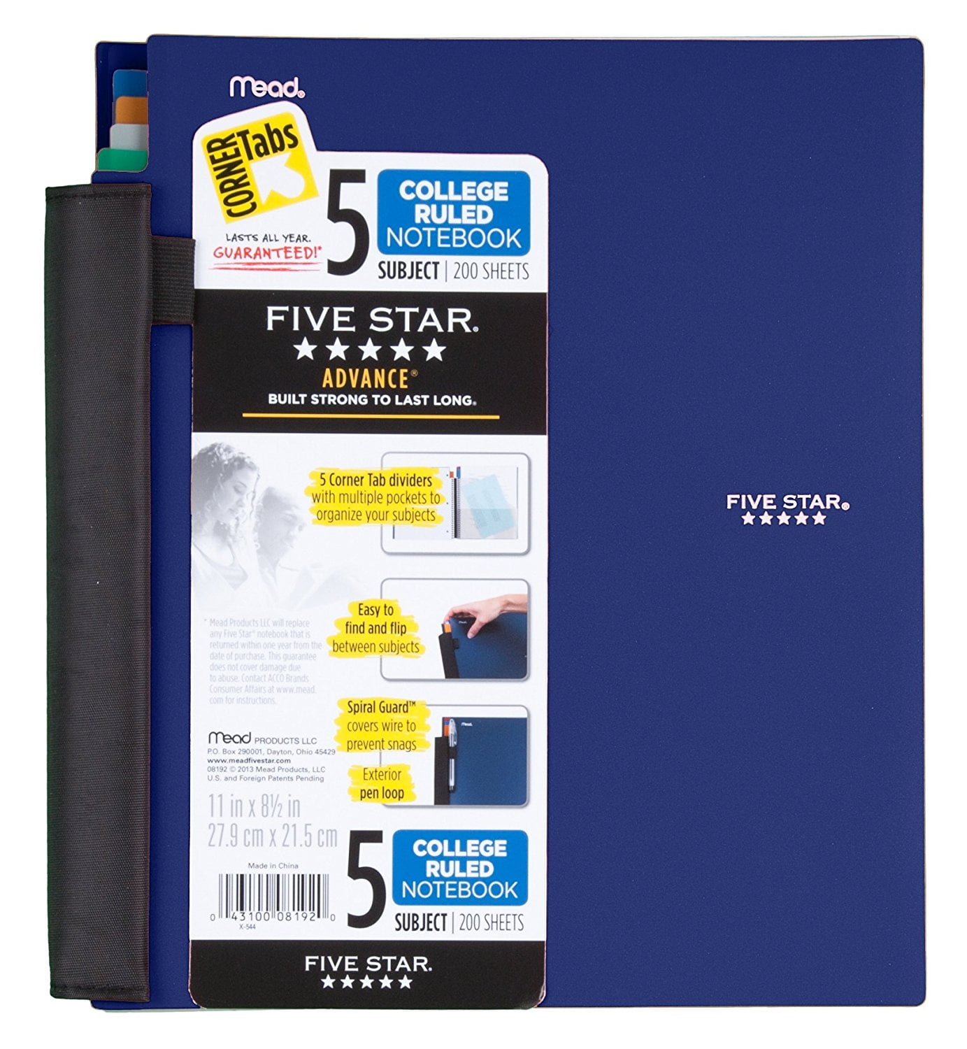 11 x 8.5 Inch Five Star Spiral Notebook 1 Notebook Pack of 2 Color May Vary Assorted Colors College Ruled 200 Sheets 06208 5 Subject