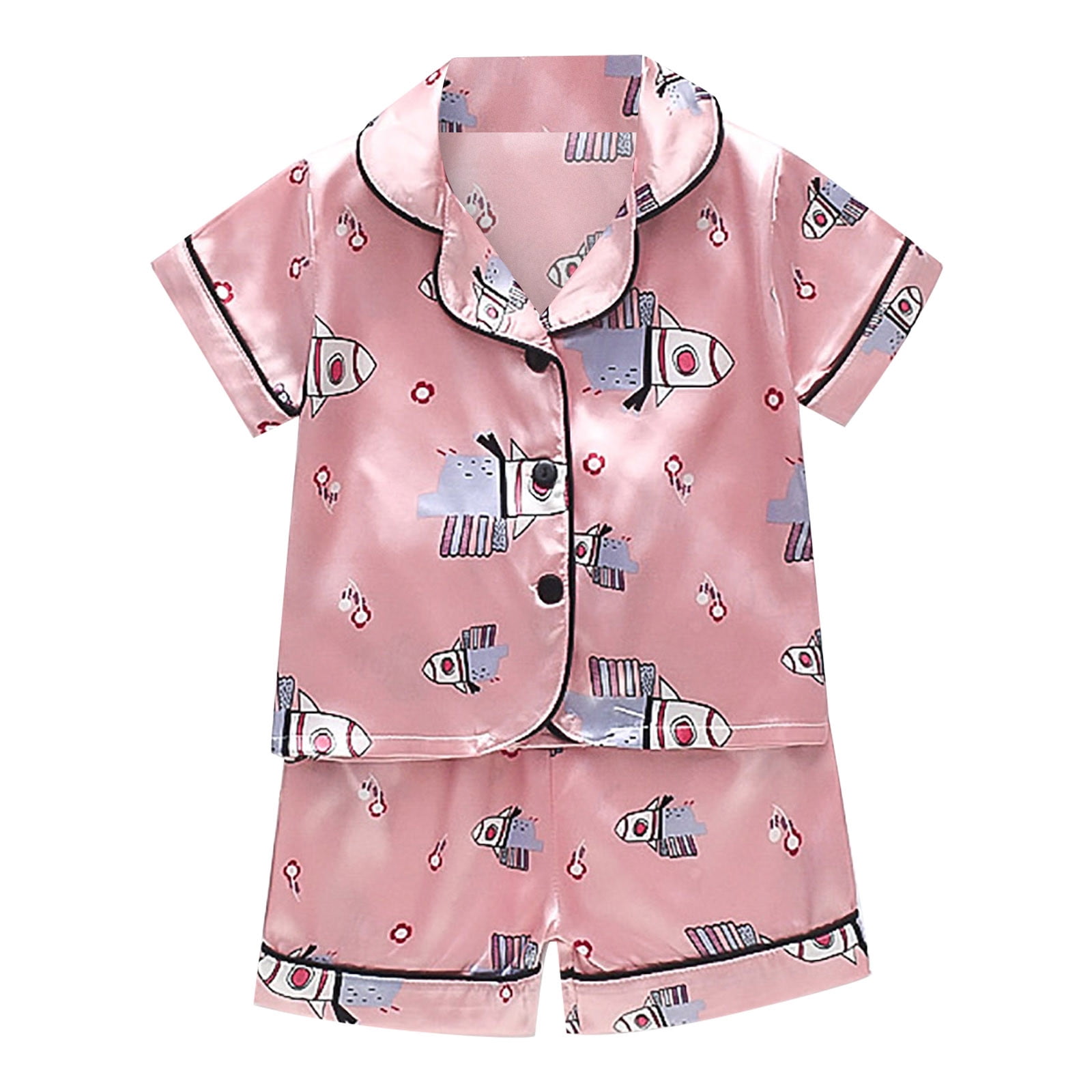 BOBOGOJP Girls Pajama Set Boys Girls Silk Pjs Short Sleeve 2 Piece Sleepwear Button Down Kids Nightwear Pink Size 1 2 Years