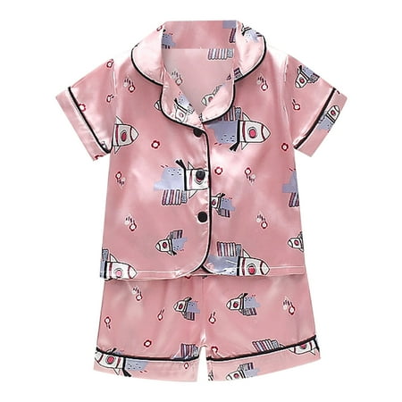 

18 Month Boy Pajamas Toddler Kids Baby Boys Girls Satin Cartoon Button Down Short Sleeve Shirt Tops + Shorts Pants Silk Pajamas Sleepwear Outfits Loungewear Set Nightwear Pink 110
