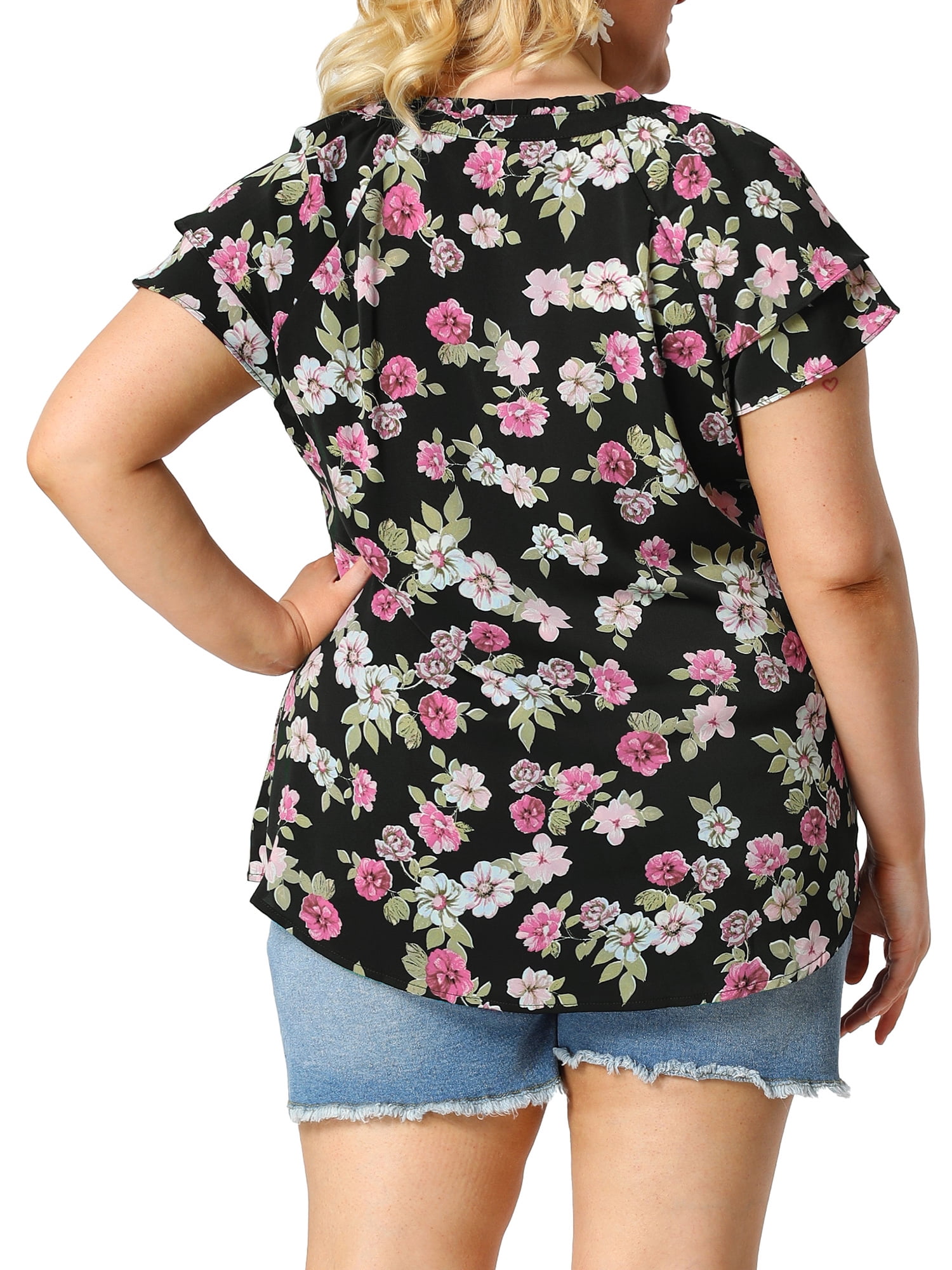 Unique Bargains Women's Plus Size Layered Sleeve V Neck Floral Tops Tunics 4X Black