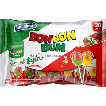 Bon Bon Bum Maracuyá Sandía con Tajín – 20 Pack (340g / 11.99 oz) – Colombian Lollipops with Bubblegum Center Spicy Tajín Dip bag