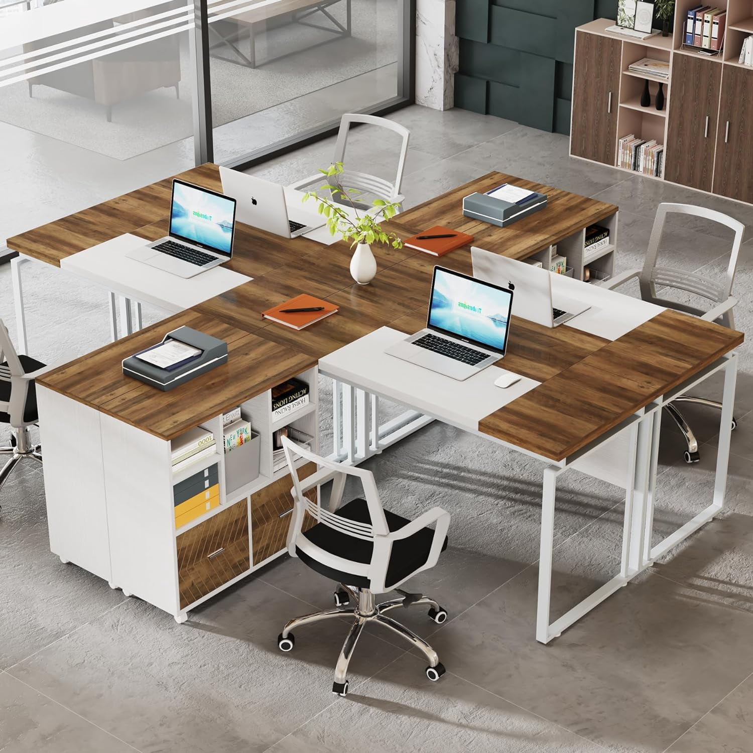 Tribesigns 63 inch L-Shaped Executive Desk with Reversible File Cabinet, Office Desk with Storage Drawers, Oak Karo & White
