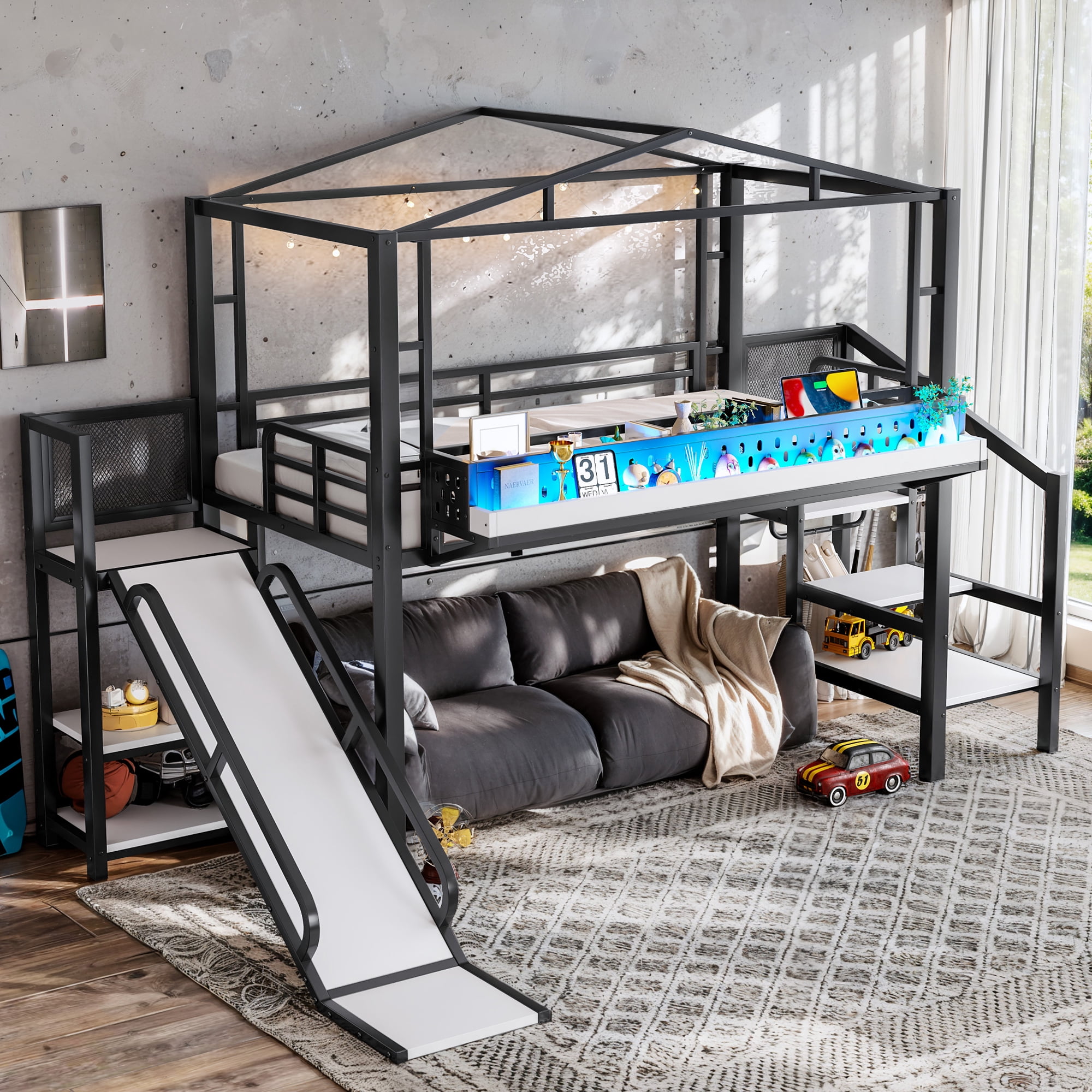 Leumius Twin Size Loft Bed with Storage Stairs, Metal Loft Bed Frame with Built-in Wardrobe,Storage Shelves,USB Ports and LED Lights,Noise-reduced Design,Black