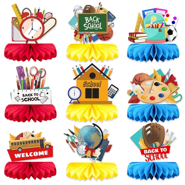 Honeycomb Centerpieces, Unique Design Thick Cardboard Double-Sided Printing Table Decorations For Teacher Appreciation, 9 Pieces Back To School Party Supplies In Various School-Themed Designs