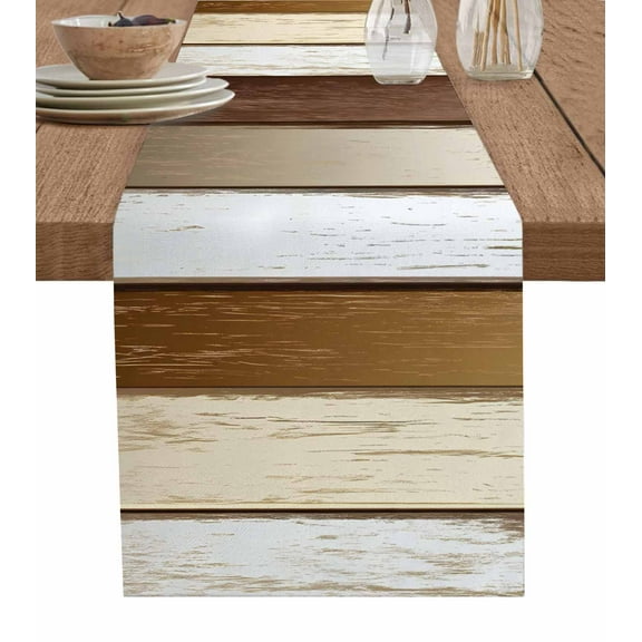 Vintage Geometric Brown Burlap Cotton Table Runner 14x72 Inches Long, Farmhouse Country Chic Wood Grain Farmhouse Table Runners, Outdoor Dining Tablecloths Decor for Baby Shower/Party/Wedding