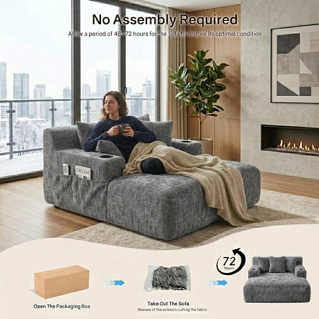 MOONMISS Chenille Chaise Lounge Chair Indoor, Single Sleeper Sofa Chair with Pillows & Cup Holders, Comfy Compression Sofa Bed for Living Room, Bedroom