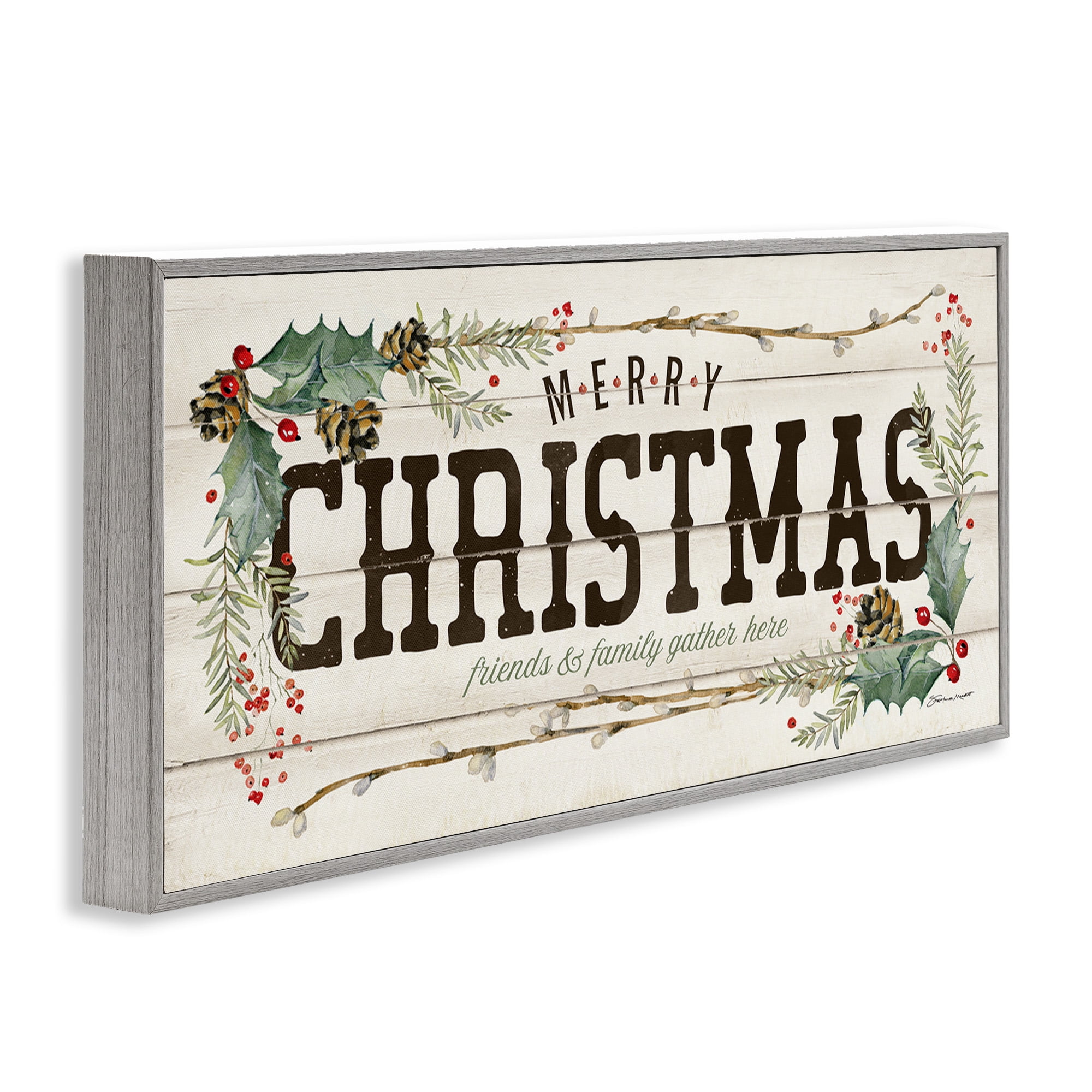 Stupell Industries Merry Christmas Friends & Family Holiday Painting Gray Framed Art Print Wall Art, 24 x 10