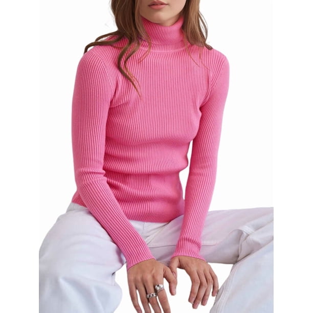 Suéteres Acanalados para Mujer, Lindos Suéteres de Punto de Cuello Alto, Ajustados y Cálidos Rosa Roja un Tamaño