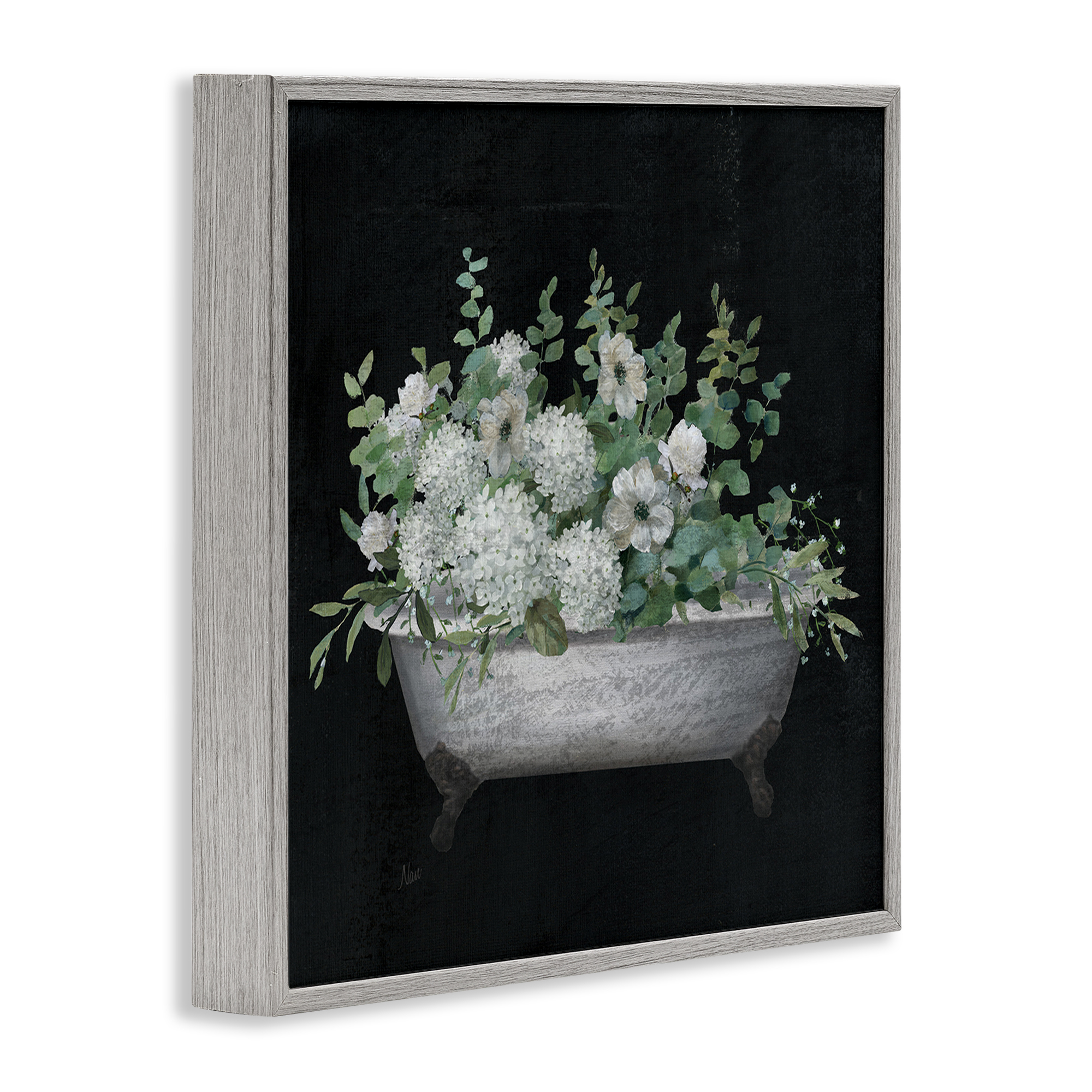 Stupell Industries Floral Bath on Black Typography Painting Gray Framed Art Print Wall Art, 12 x 12