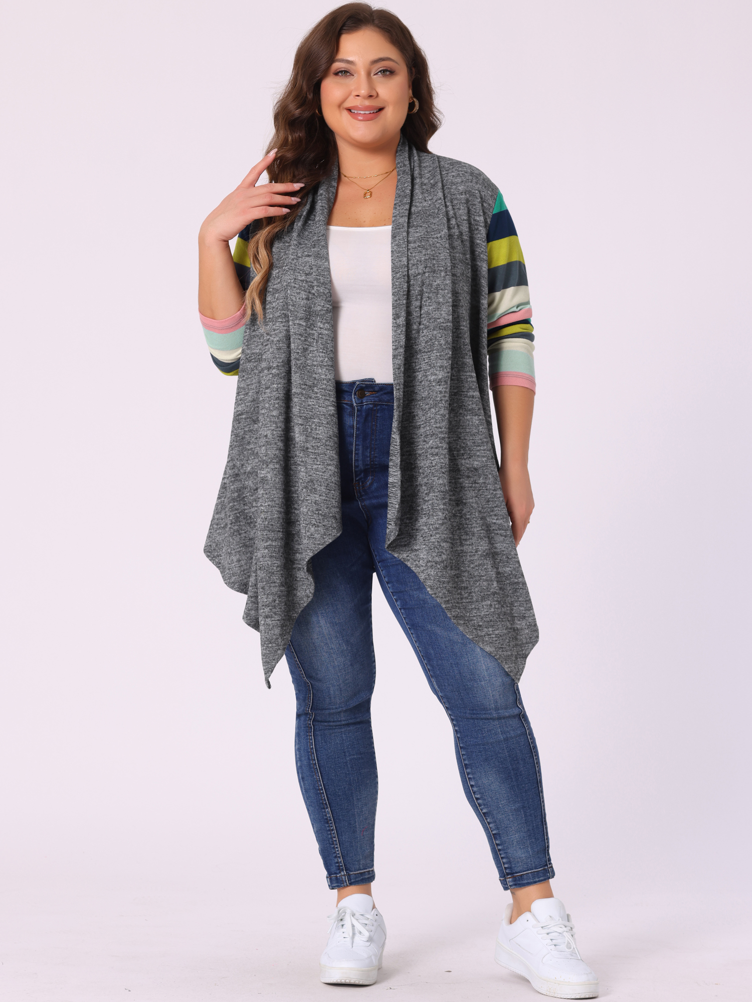 DARING DIVA Plus Size Striped Open Front Knit Cardigan Sweaters Shrugs 1X Dark Grey