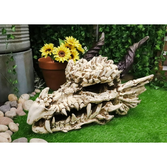 Large 27" Long Dragon Fossil Skull With Horns Mighty Grendel Home Decor Figurine