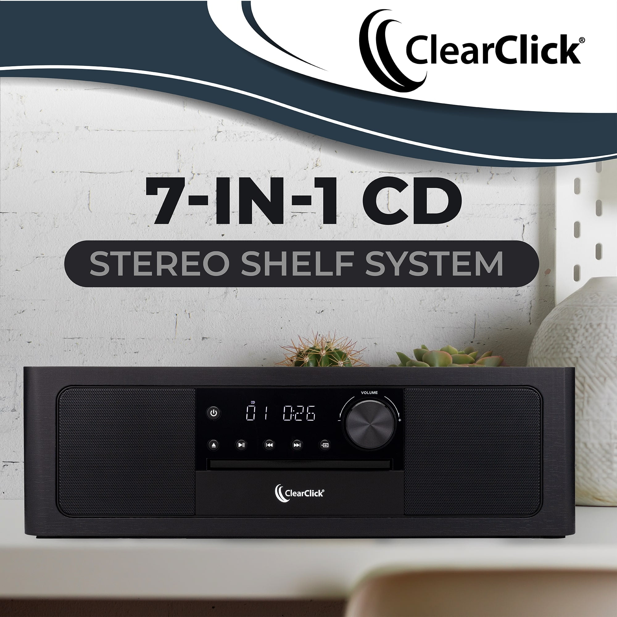 ClearClick Stereo Shelf System with CD Player, Bluetooth, FM Radio, USB Playback, Aux in, Optical in, Alarm Clock, & Remote Control