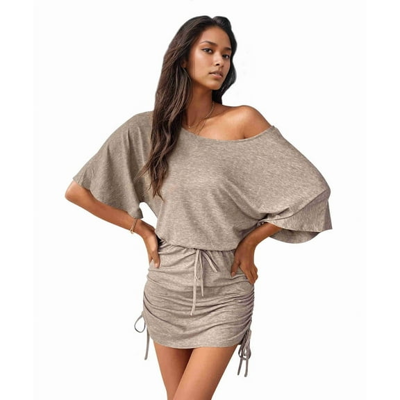 Women'S Dresses Solid Drawstring Side Batwing Sleeve Dress Dress for Women Khaki XL