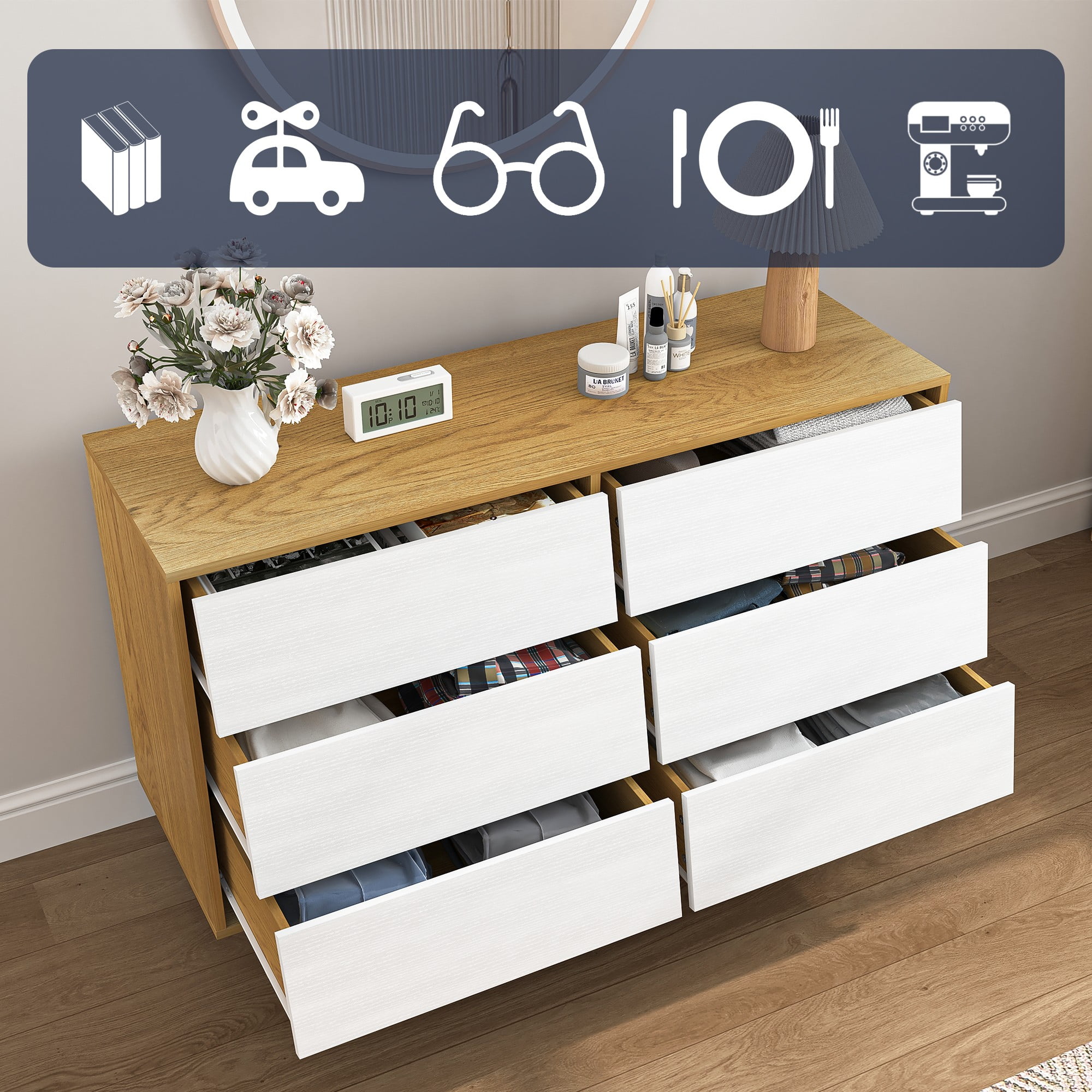 Finihen 6 Drawer Double Dresser Features Vintage-style and Bevel Design, Dresser For Nursery, Kids, Chest Of Drawers, White+Beige Finihen 6 Drawer Double Dresser Features Vintage-style and Bevel Design, Dresser For Nursery, Kids, Chest Of Drawers, White+Beige