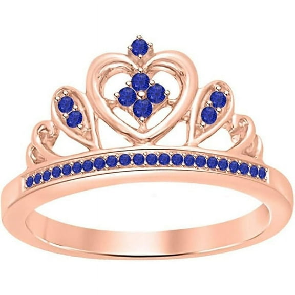 Engagement Wedding 925 Sterling Silver 14K Rose Gold Plating Round Cut Blue Sapphire Tiara Queen Crown Heart Shaped Ring For Women