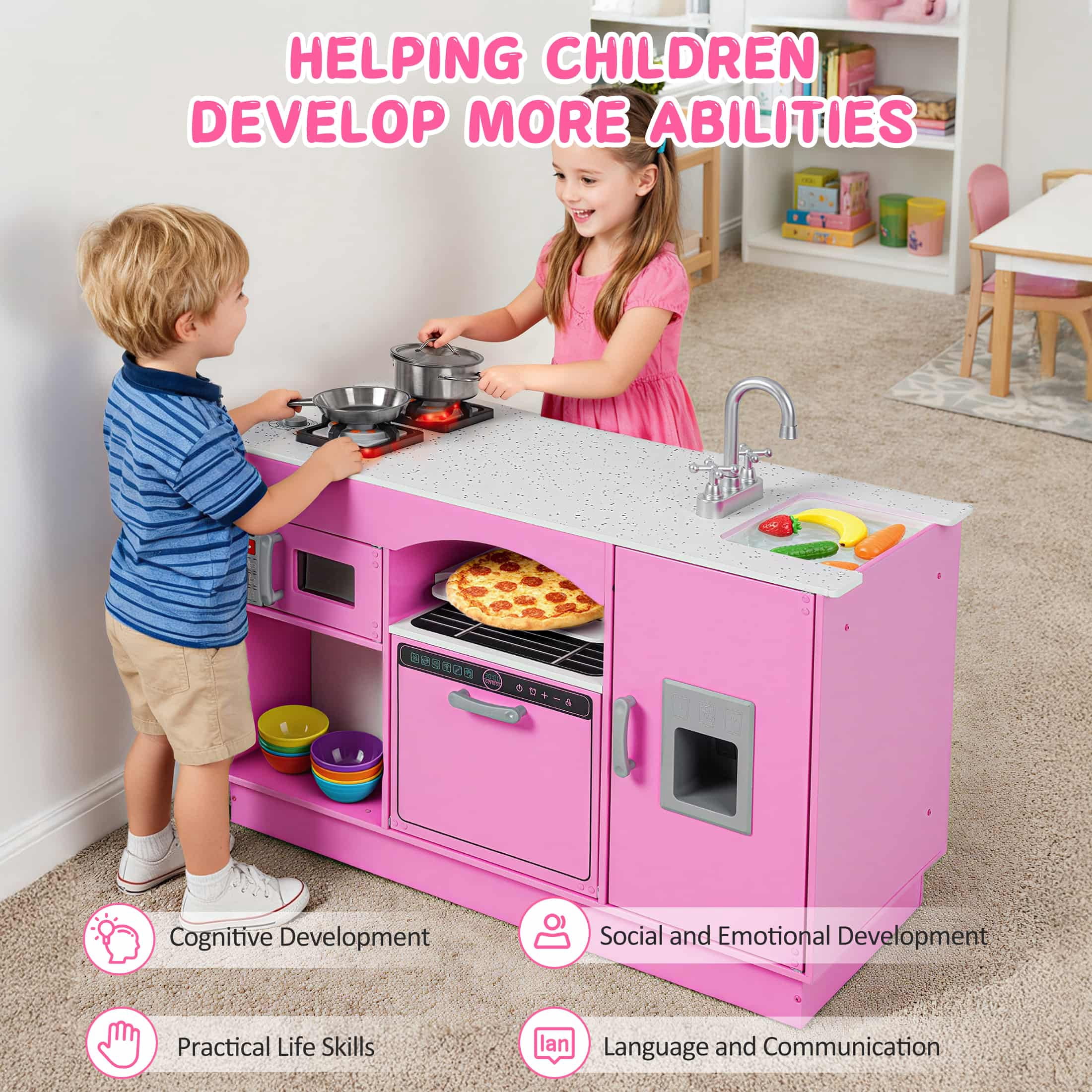 COCLUB Modern Wooden Play Kitchen Island for Kids, Pretend Play Center w/ Electronic Light & Sound Effects, Kids Kitchen Playset | Microwave, Washer, Ice Maker, Chalkboard & Accessories Included