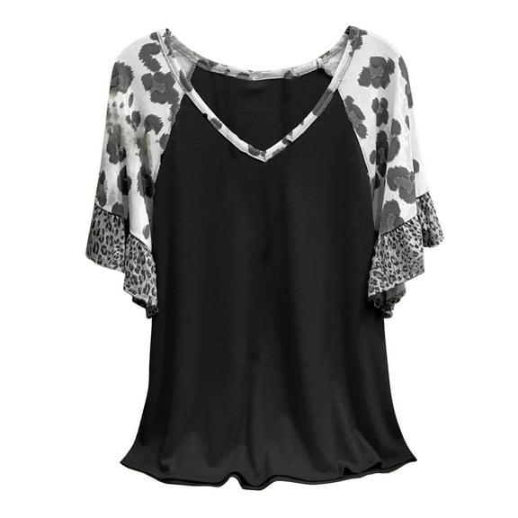 Gbsyewxs Shirts For Women Crew Neck Flared Sleeve Leopard Print Loose Summer Womens T Shirt Black