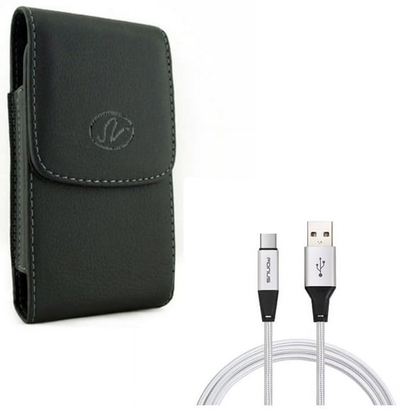 Black Leather Side Case Cover Protective Pouch w Durable Braided 6ft Long Type-C USB Cable Wire Sync Y8P for Acer Liquid Jade Primo - Alcatel Idol 4S - ASUS ROG Phone, ZenFone AR 6 5z 4 Pro