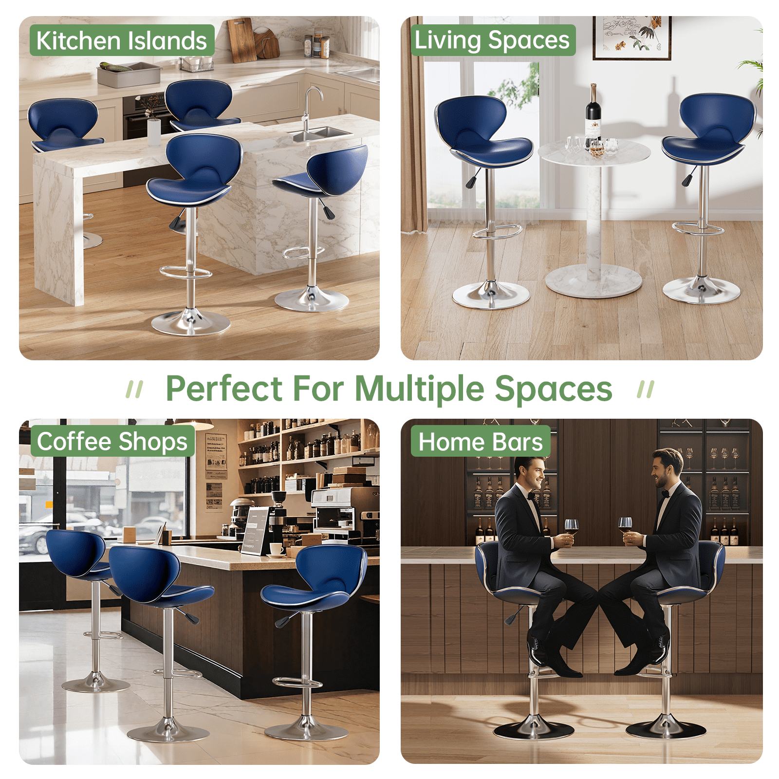 Bar Stools Set of 2, Adjustable Swivel Barstools, Modern PU Leather Counter Height Stools with Back and Footrest for Island, Dining, Bistro, Pub (Blue)